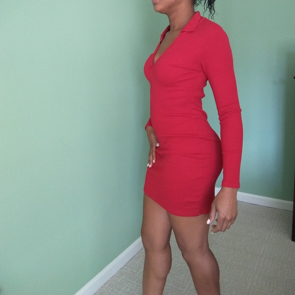 Women's red long sleeve midi Zara ribbed bodycon dress - Picture 4 of 9